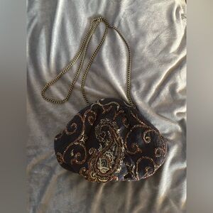 Vintage Black and Gold beaded sequin Embroidered bag with long chain strap